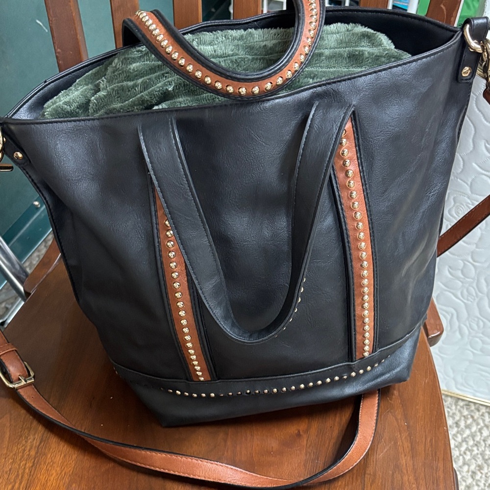 Big Buddha Studded Black and Brown Tote Bag - Picture 2 of 5